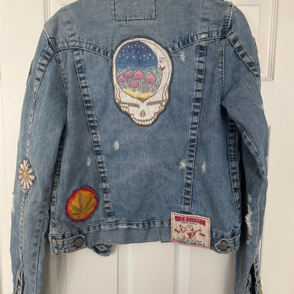 True Religion Blue Denim Jacket with Colorful Patches - Picture 2 of 10